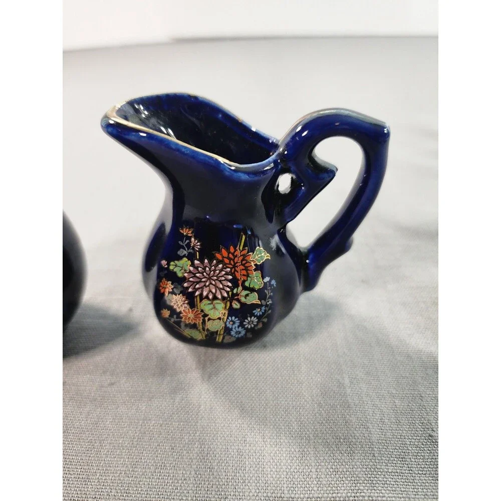 Vintage Cobalt Blue Mini Vase & Creamer Pitcher Set with Gold Trim – Floral &...